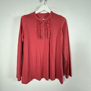 J. Jill Womens Ruffle Front Henley Tee Long Sleeve Shirt Top Currant Medium New